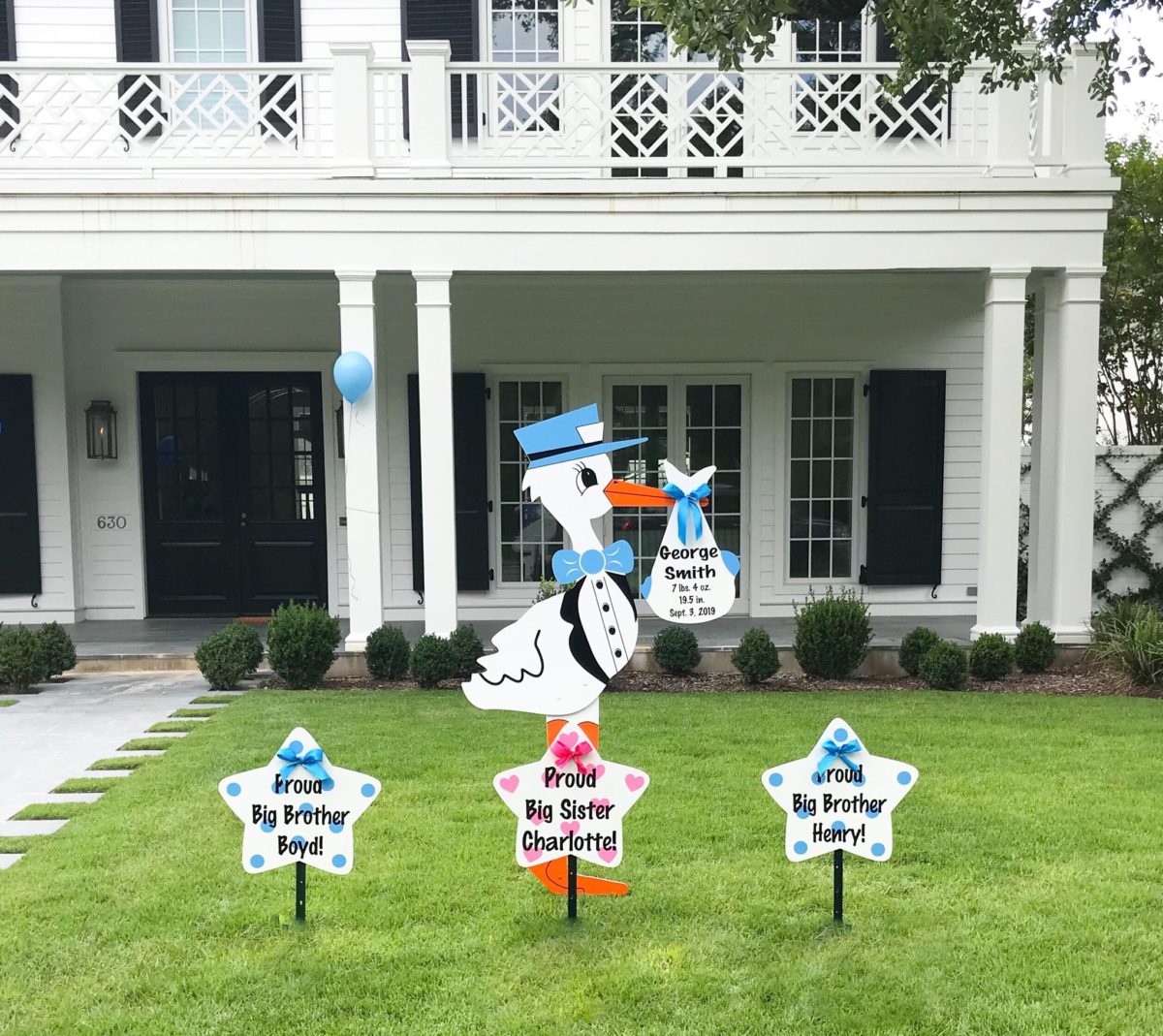 Blue Stork Sign with Sibling Stars - Stork Yard Sign Rentals - Louisville metro, Kansas