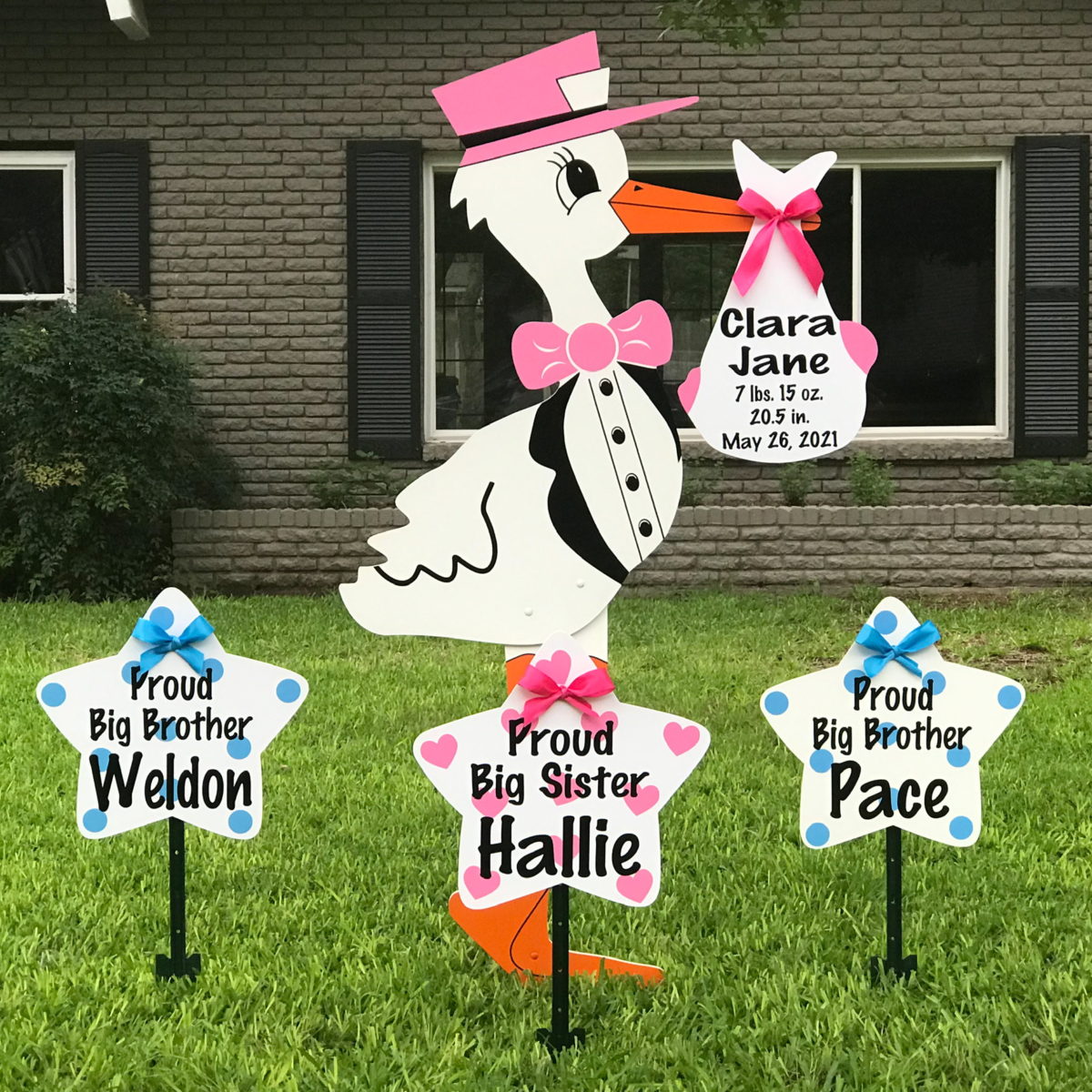 Pink Stork Sign with Sibling Stars - Stork Yard Sign Rentals - Louisville metro, Kansas